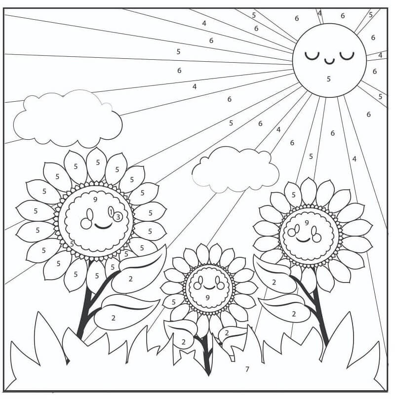 Three Sunflowers with Sun Color By Number