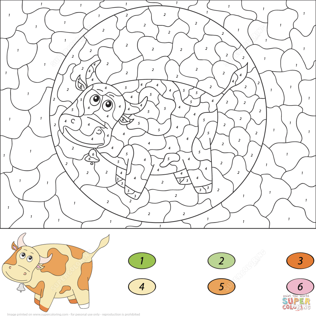 Brown dairy cow color by number