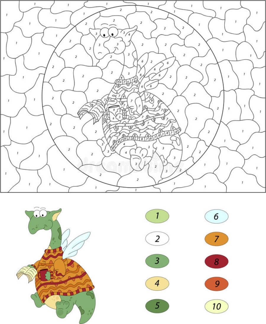 Cartoon Dragon reads a book color by number