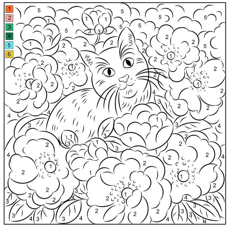 Cat in the flower forest color by number