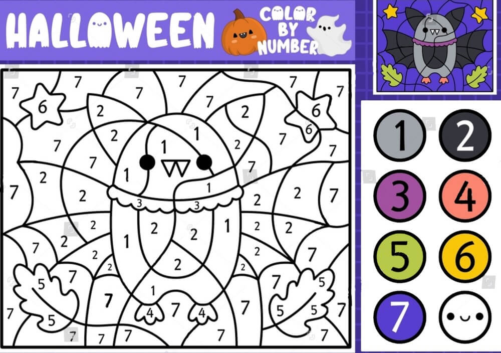 Cute kawaii bat color by number
