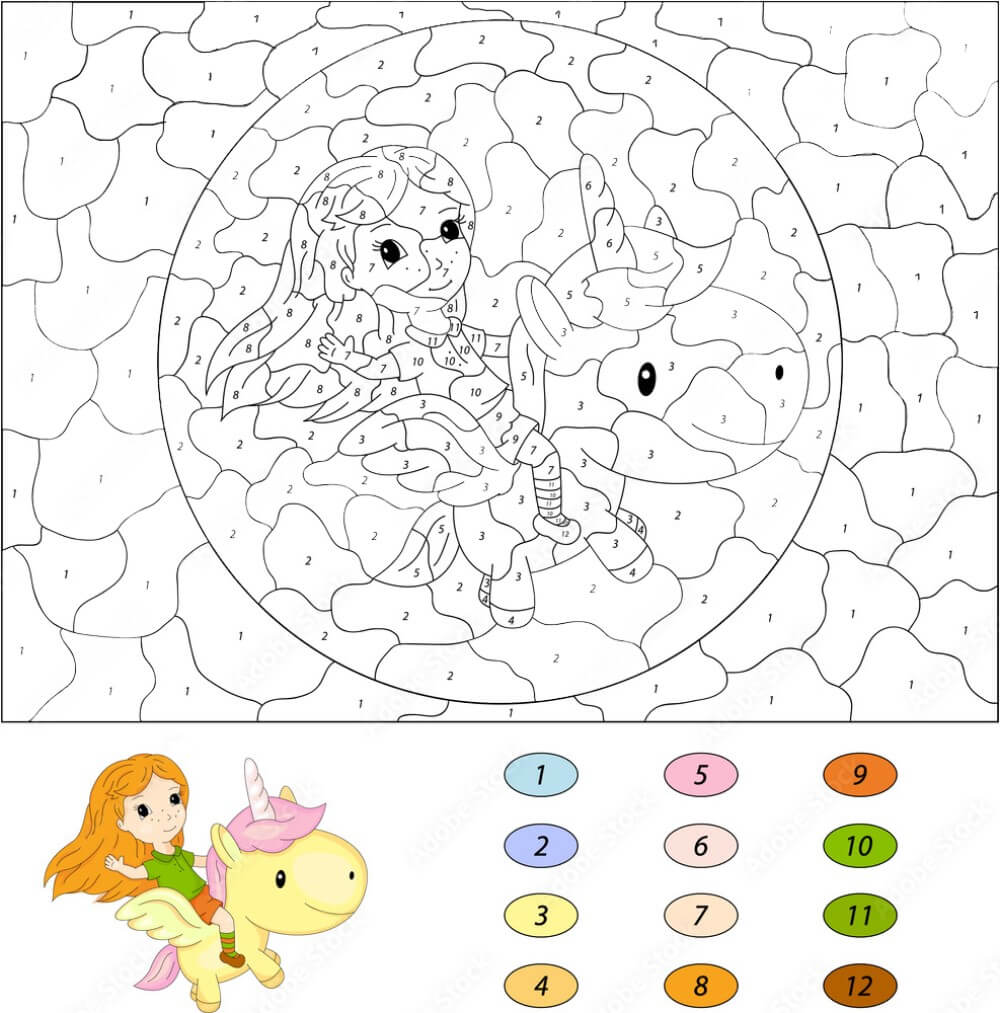 Little girl riding a unicorn color by number