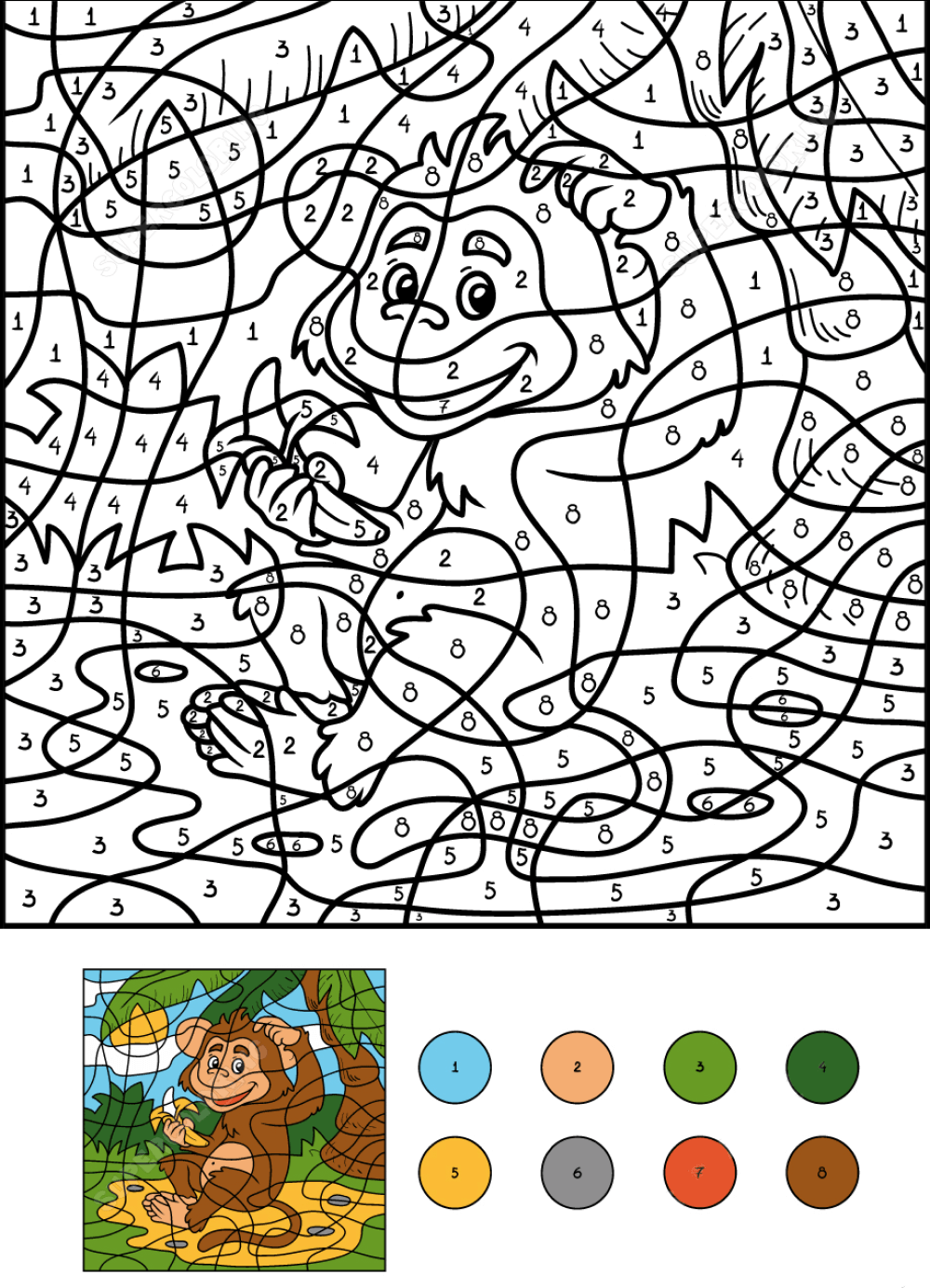 Monkey is eating banana color by number