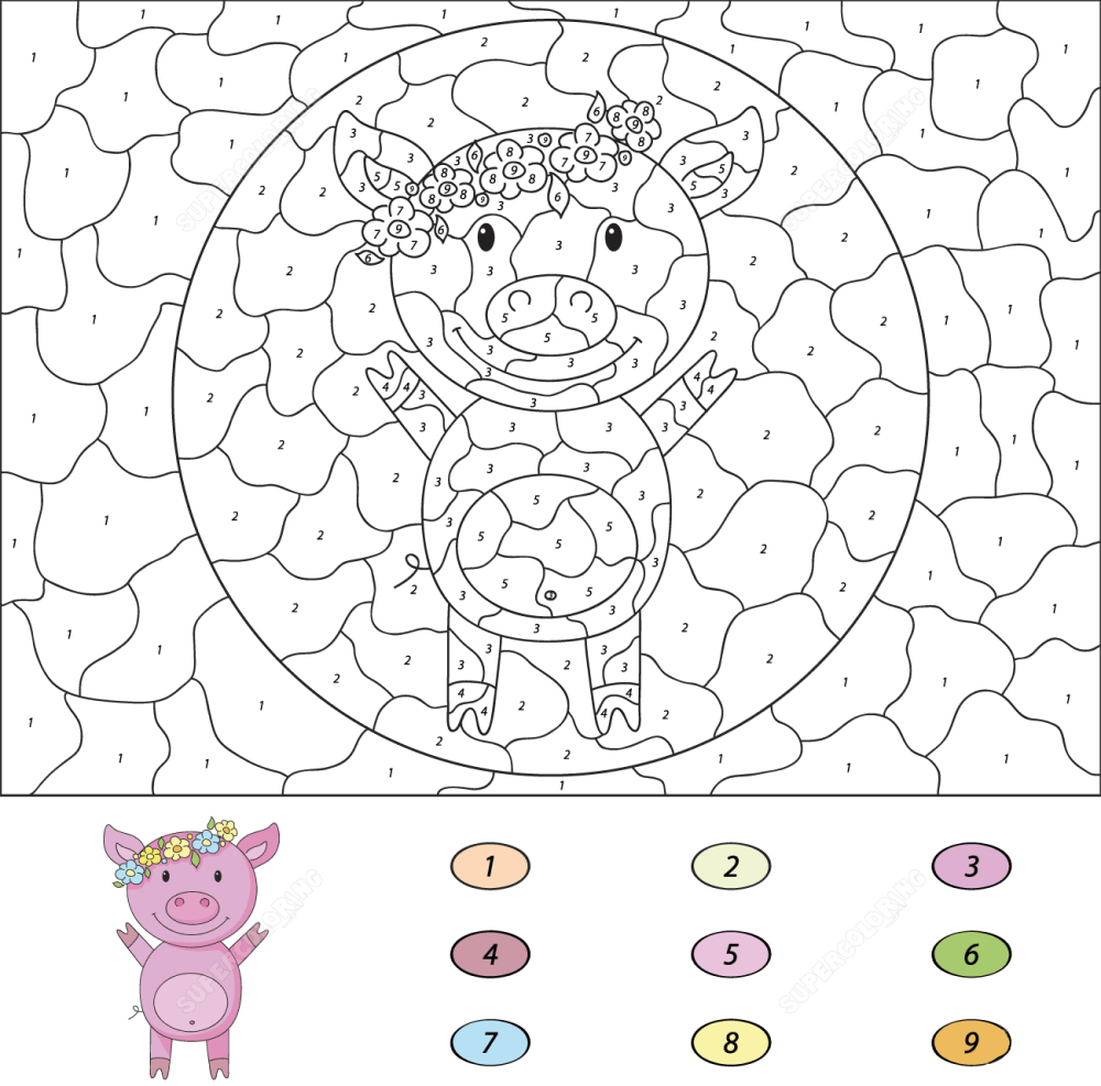 The pig is wearing a wreath color by number