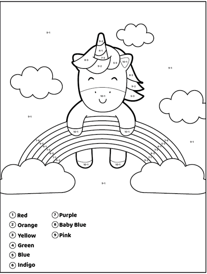 Unicorn and rainbow color by number