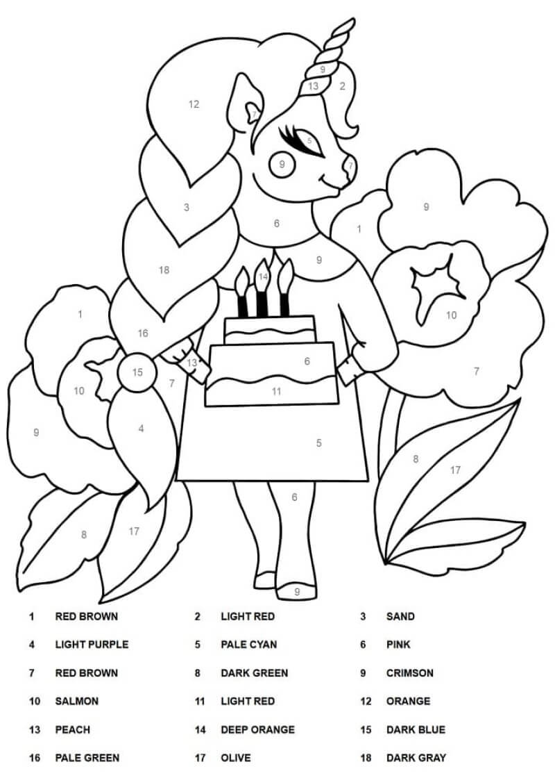 Unicorn girl color by number