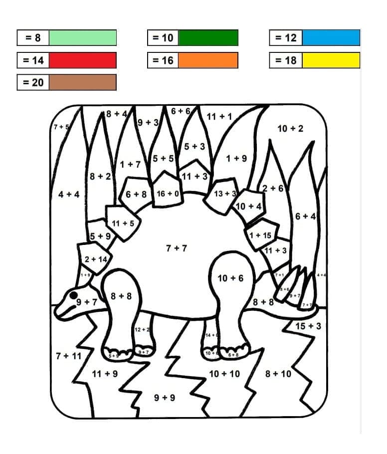 Dinosaur Addition Color By Number