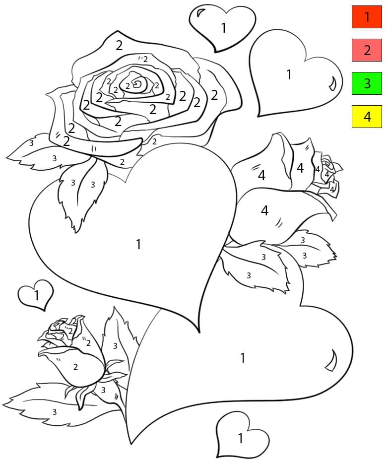 Six Hearts and Roses Color By Number