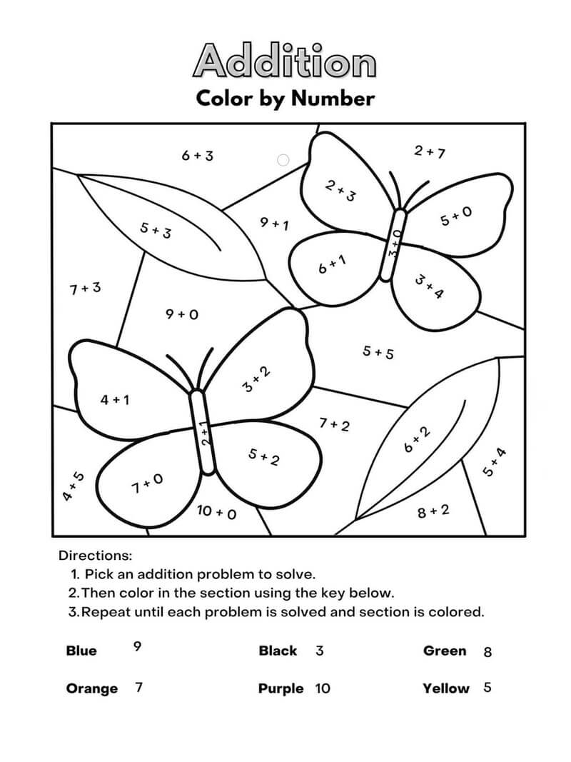Addition butterfly color by number