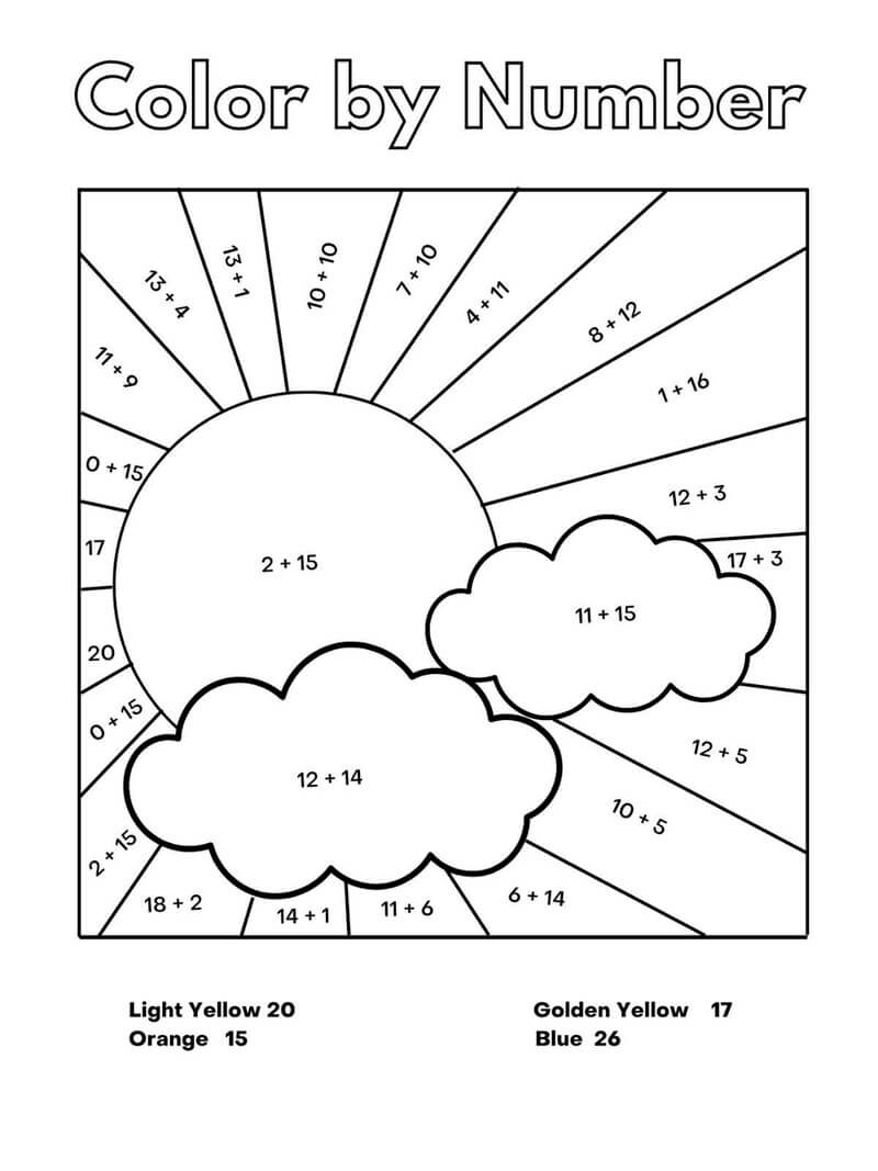 Addition Sun color by number