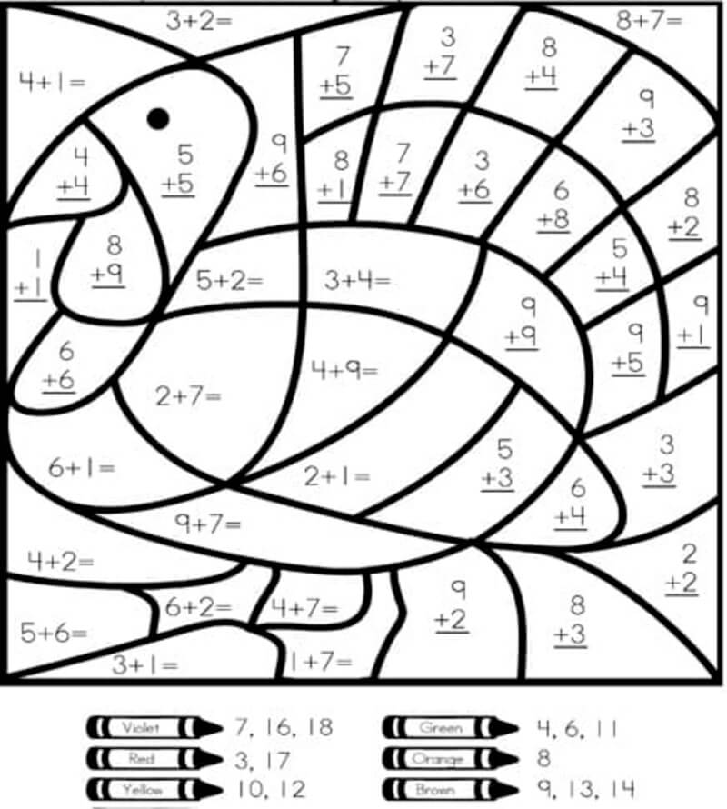 Addition turkey color by number