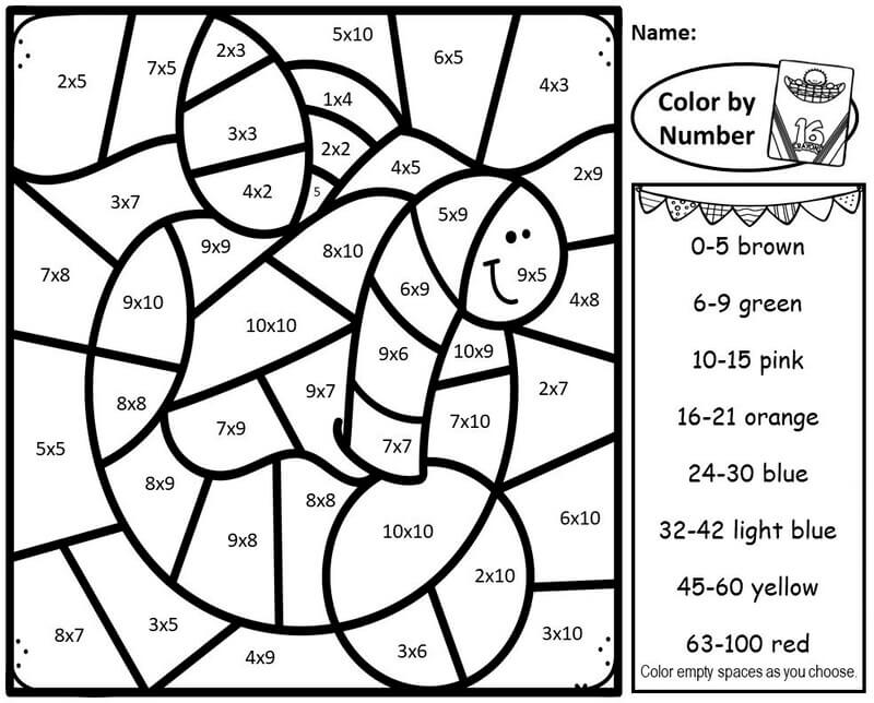 Apple with worm Multiplication color by number