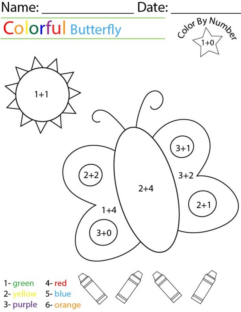 Butterfly and sun Addition color by number