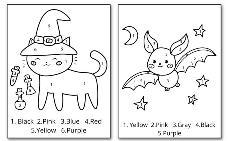 Cat and bat on halloween color by number