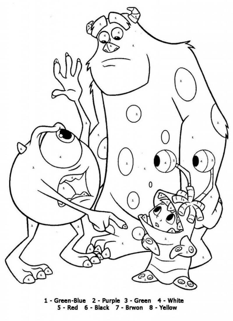 Cute Monster company in Disney color by number