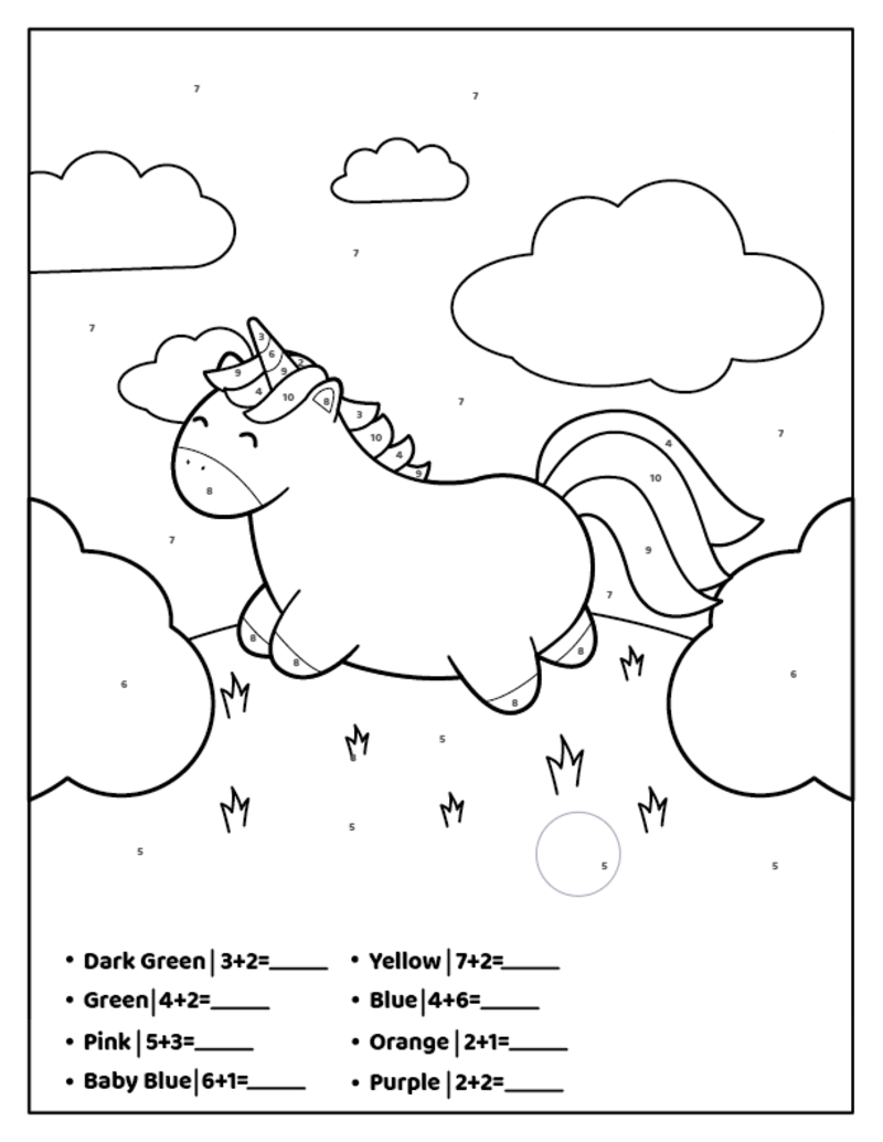 Cute Unicorn Addition color by number