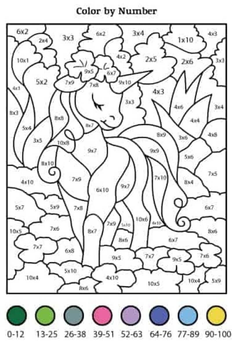 Cute unicorn Multiplication color by number
