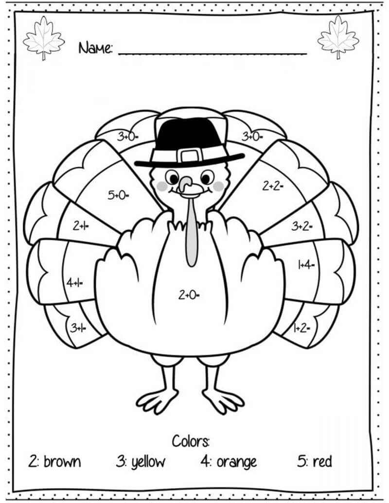 First Grade Turkey math color by number