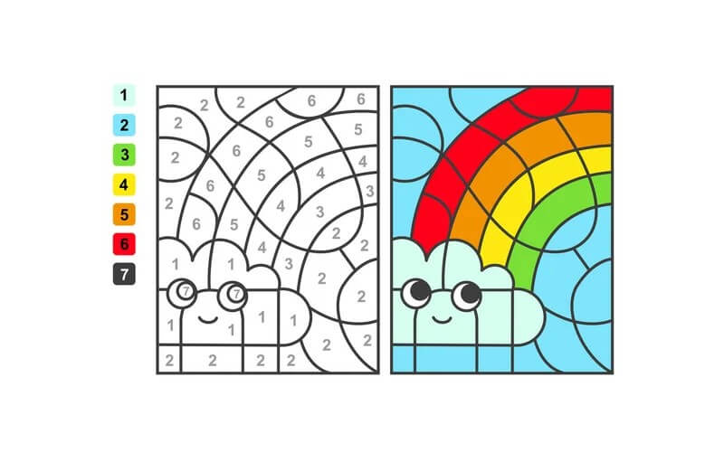 Funny cloud and rainbow color by number