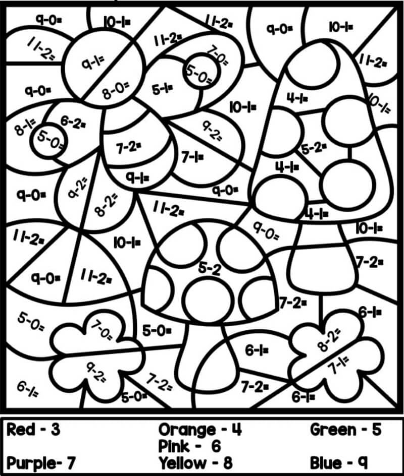 Mushroom and bee Subtraction color by number