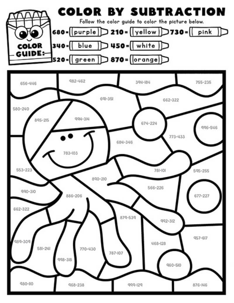 Octopus Subtraction color by number