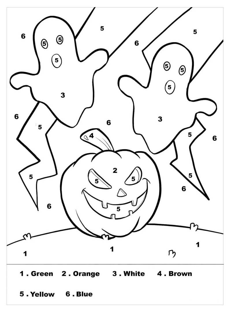Pumpkin and tow ghosts color by number