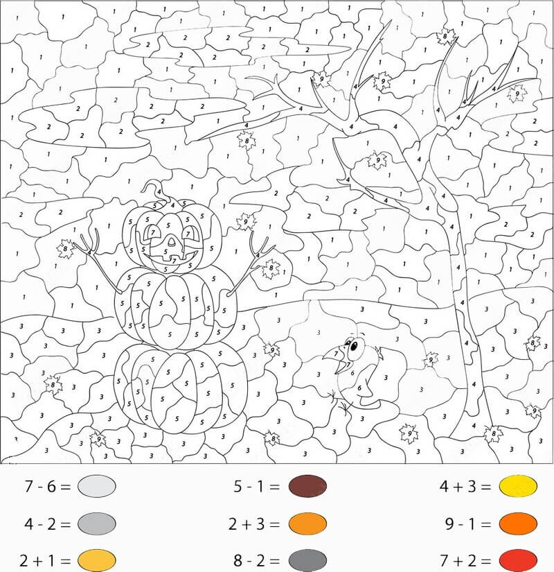 Pumpkin snowman standing near an autumn tree color by number Color By Number