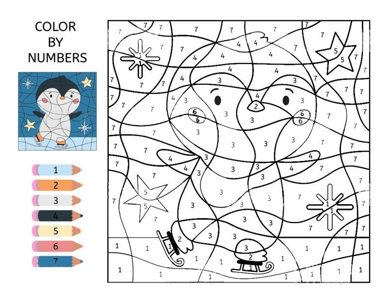 Ski penguins color by number
