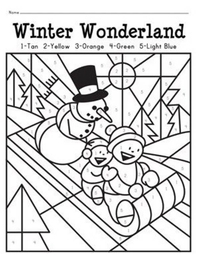 Snowman skiing color by number
