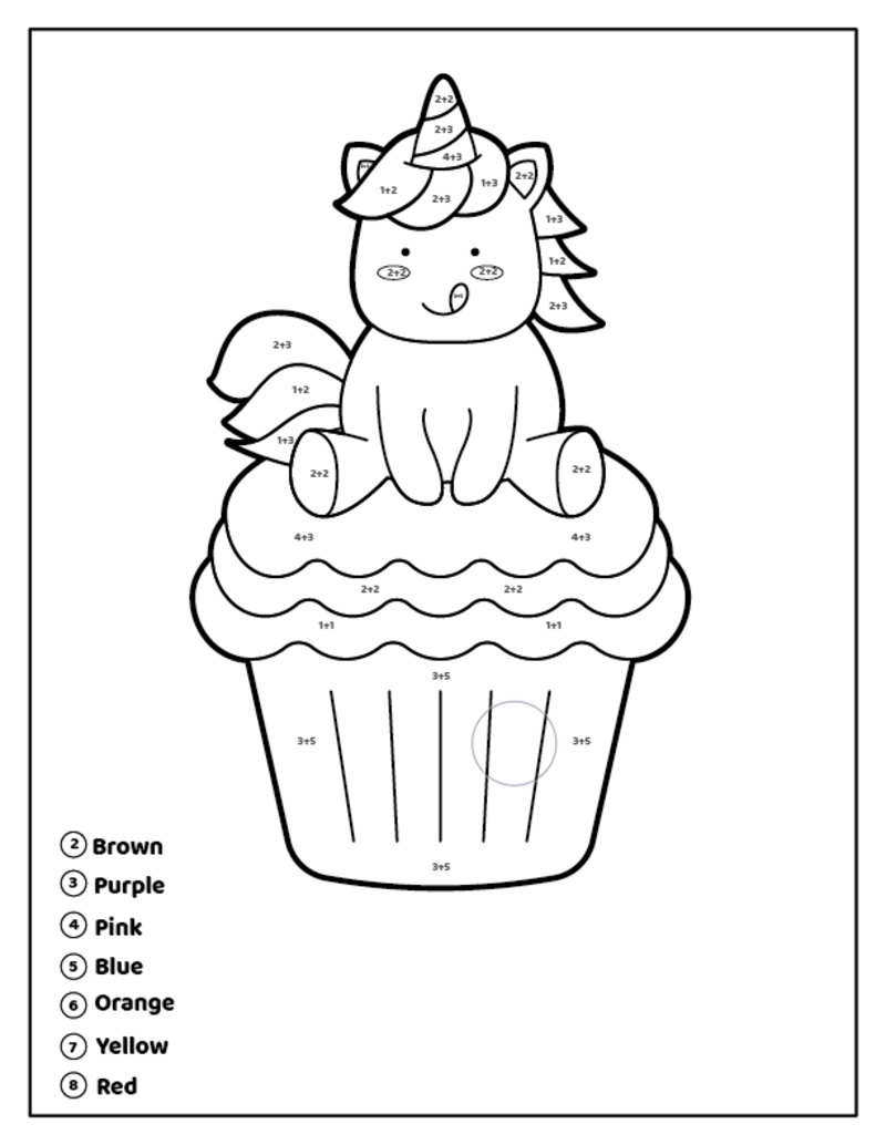 Unicorn Addition color by number