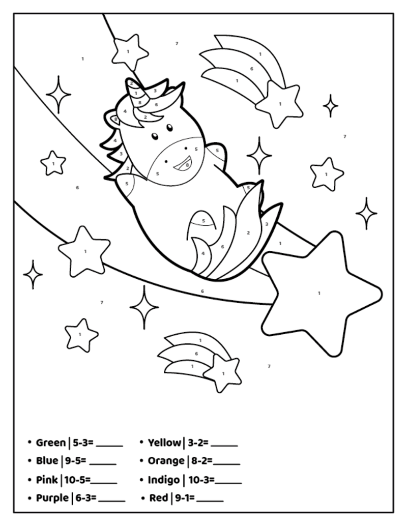 Unicorn Subtraction color by number