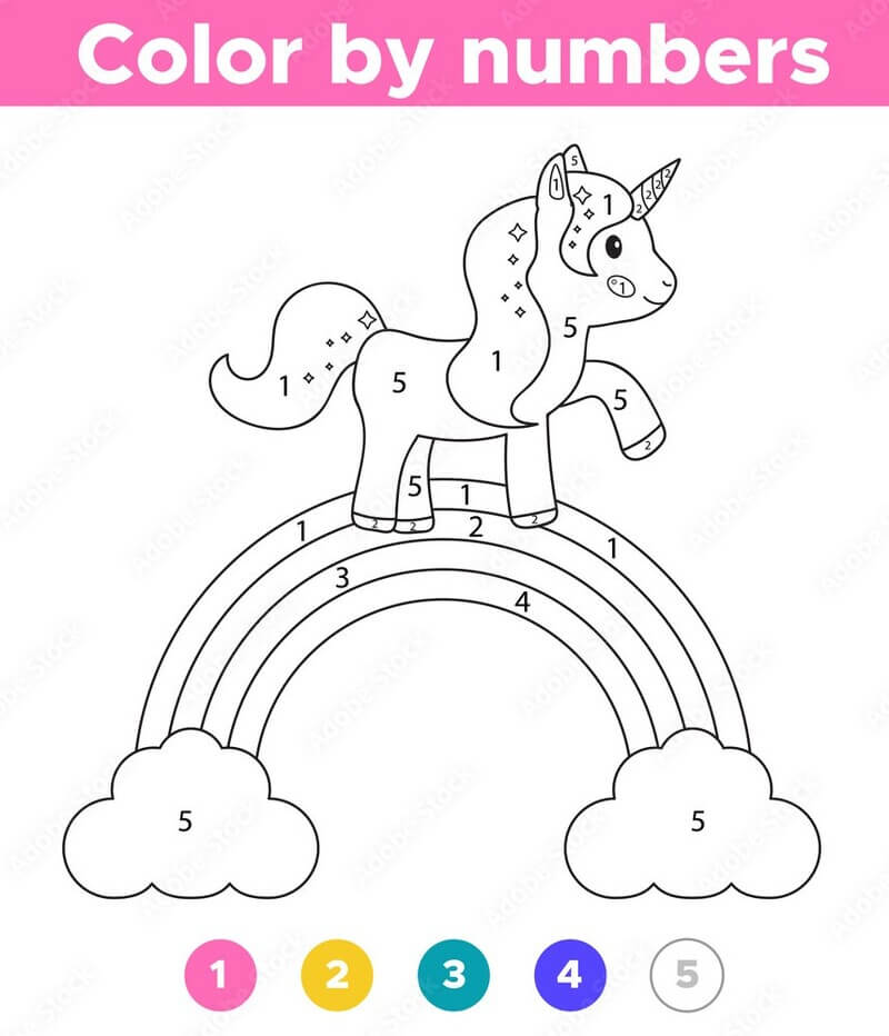 Unicorn walking on rainbow color by number