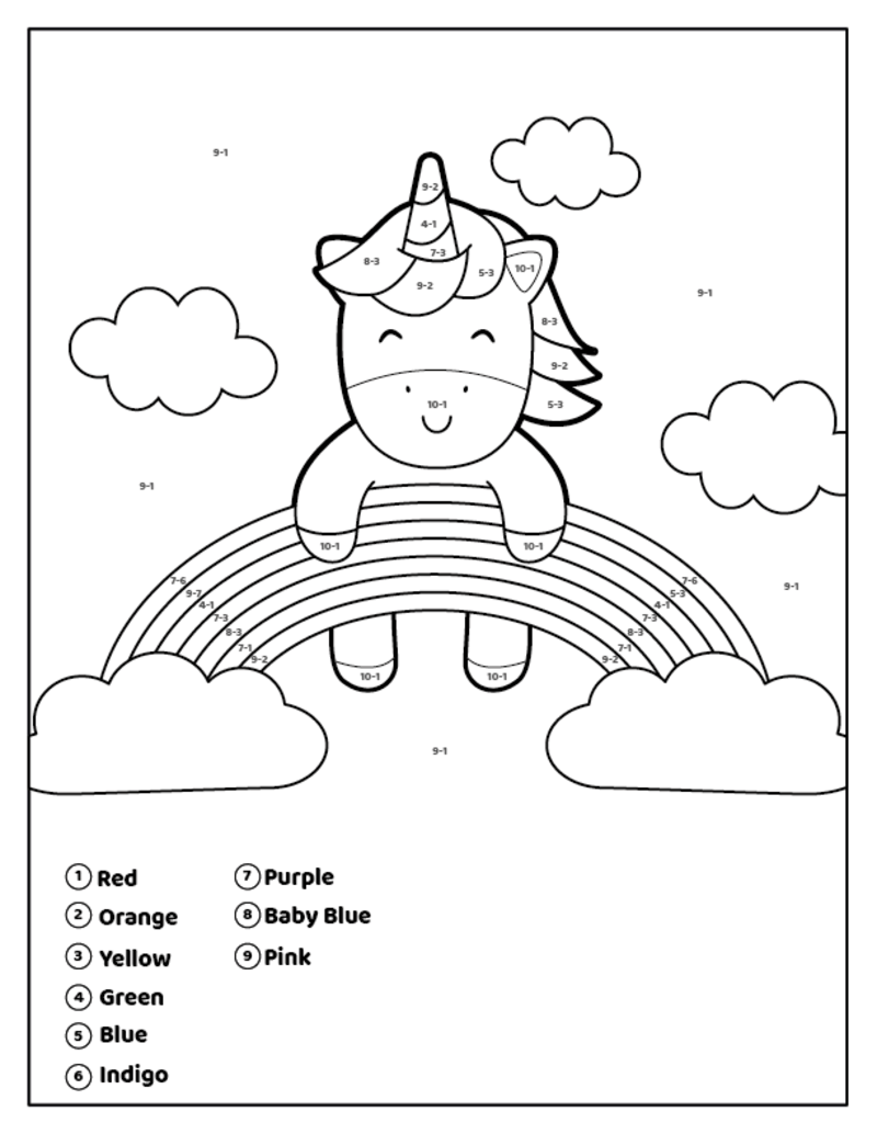 Good Cute unicorn Subtraction color by number