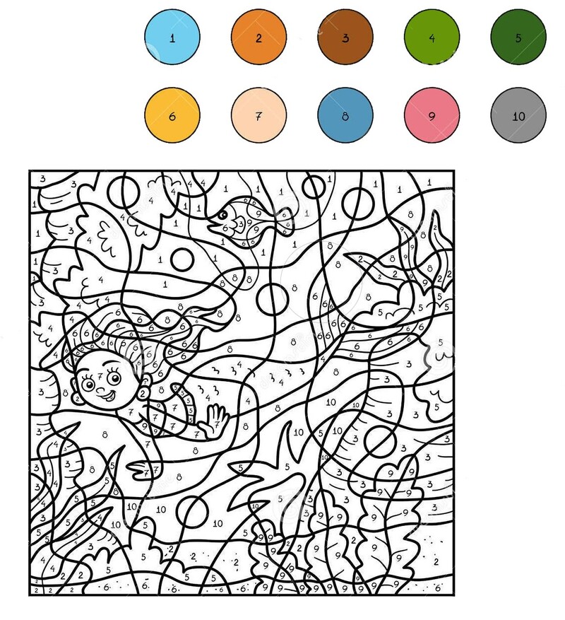 Mermaid with fish color by number