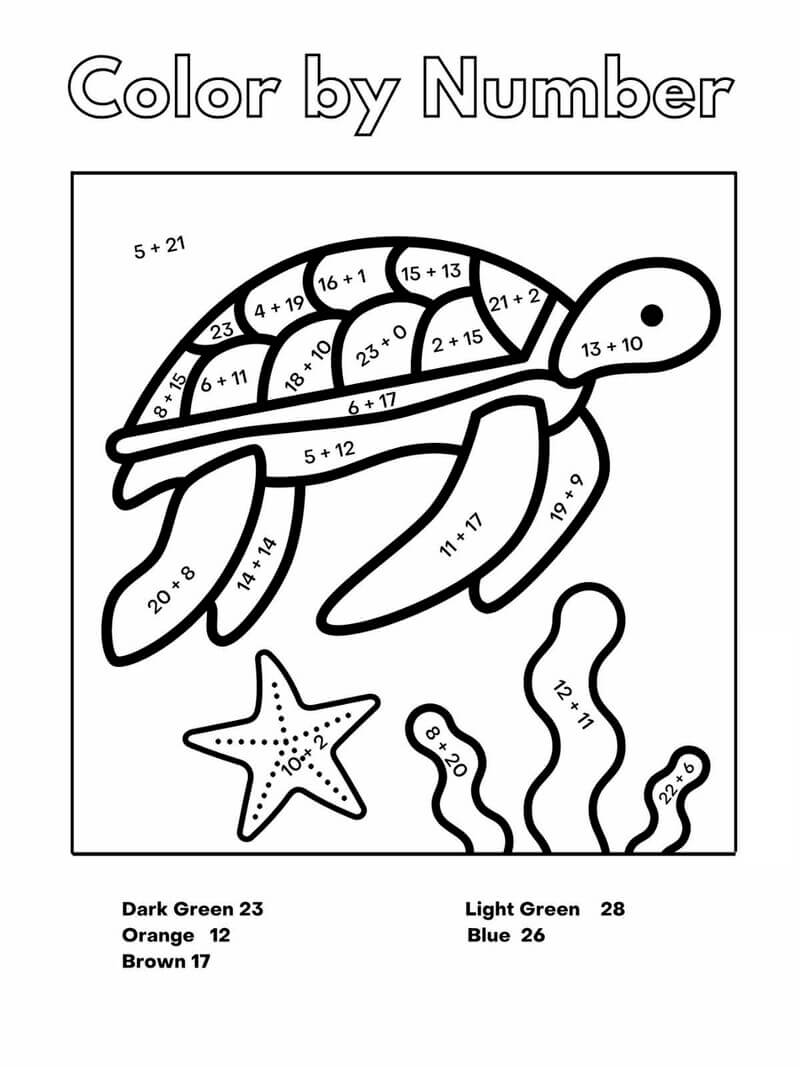 Addition Turtle color by number