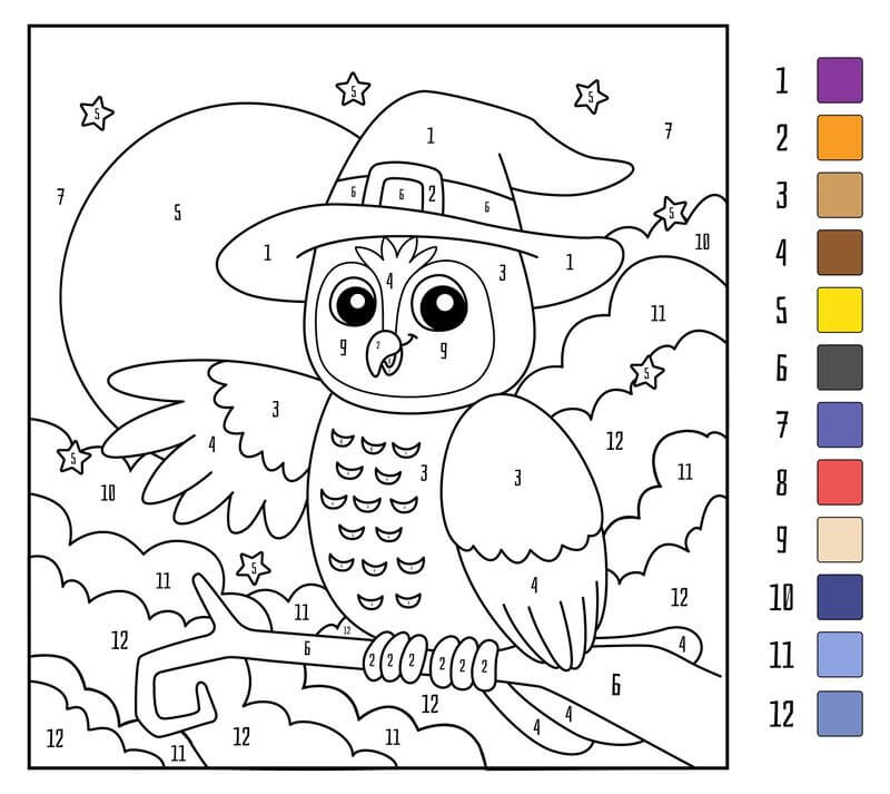 Owl with Halloween Hat color by number