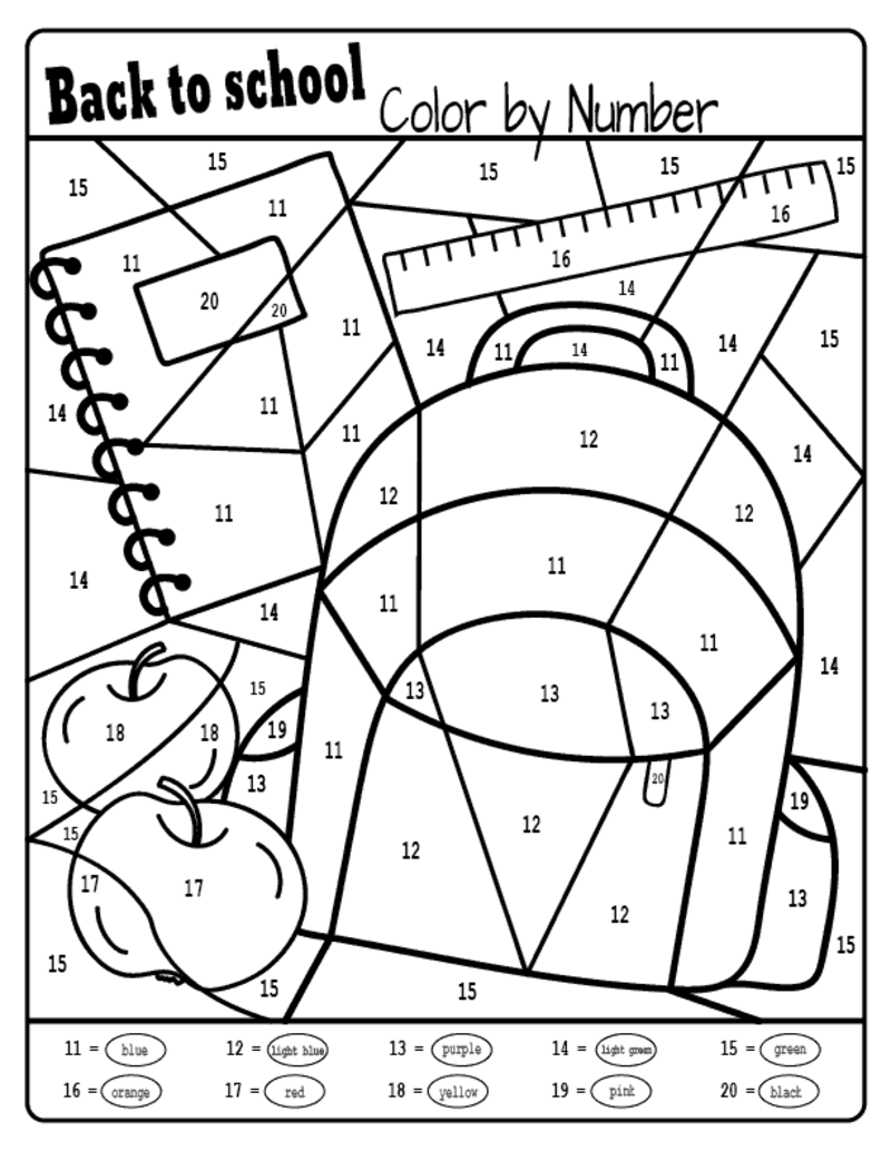 School bag and tools color by number
