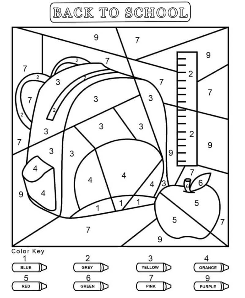 School bag, ruler and apple color by number