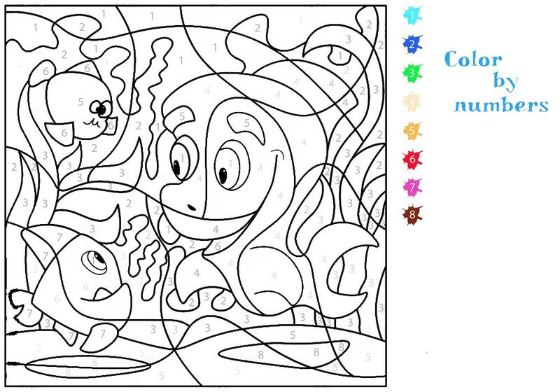 Shark and two fish color by number