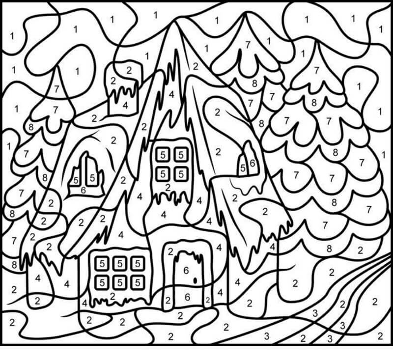 Snow covered house color by number
