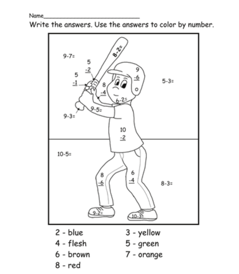 Baseball player Subtraction color by number