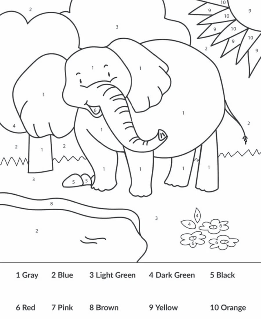 Happy Elephant Color by Number
