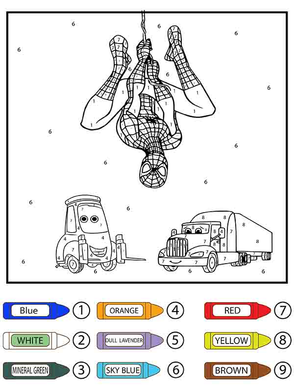 Spiderman Hanging Upside Down And Lego Vehicles Color by Number