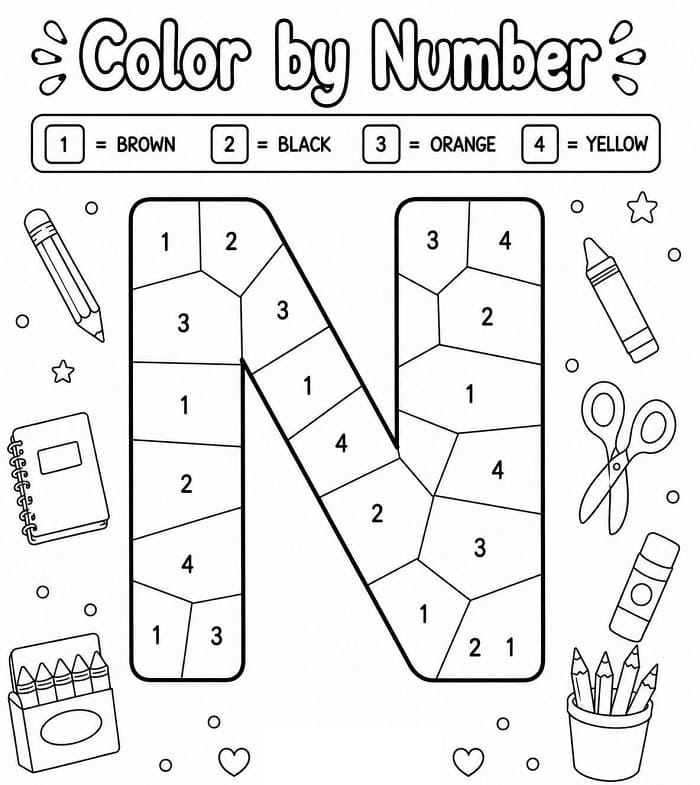 Alphabet Letter N Color By Number
