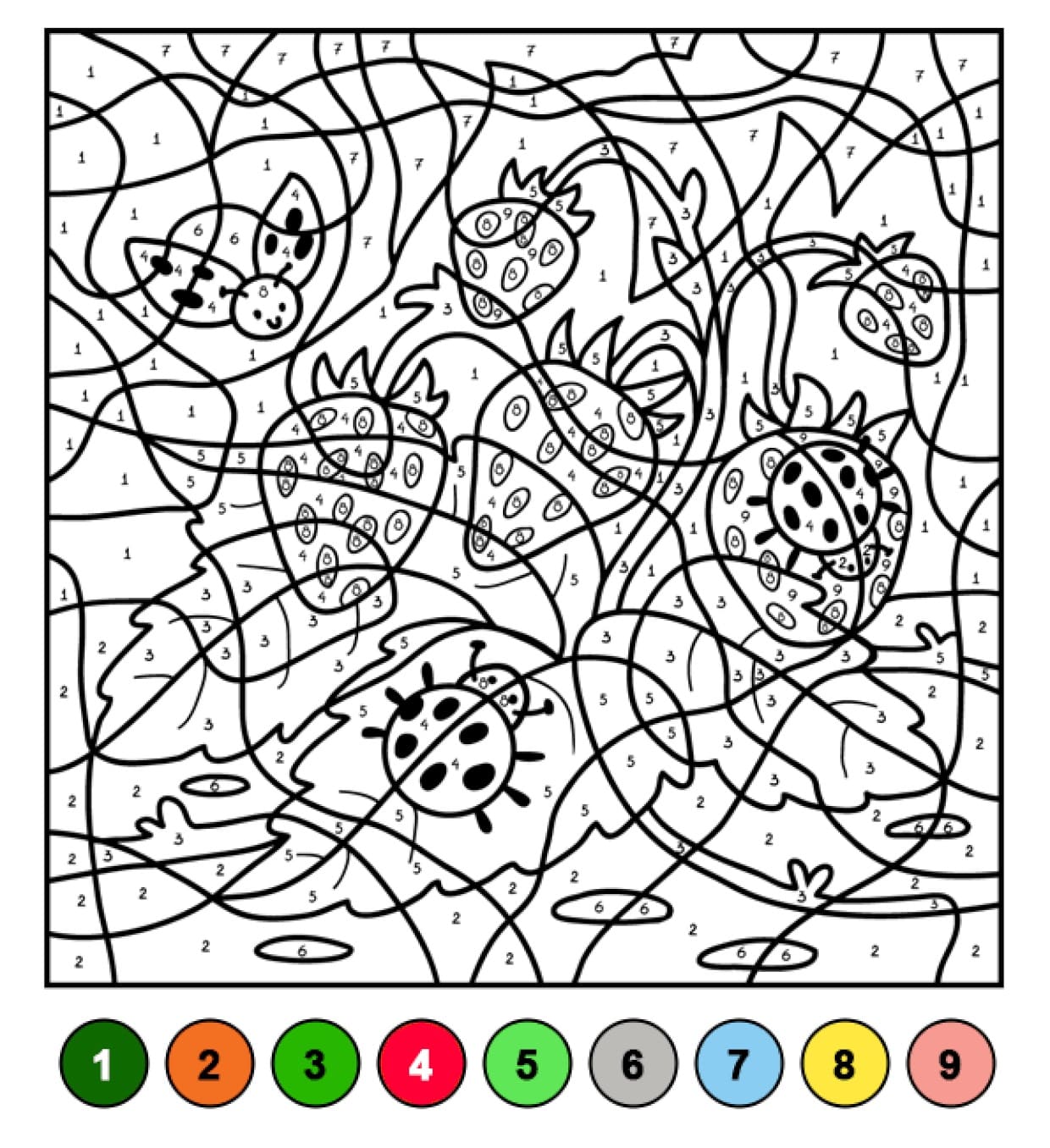 Strawberries and Ladybugs Color By Number