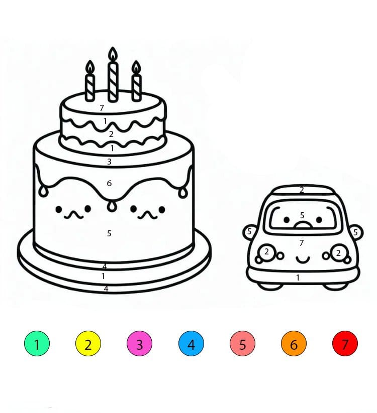 Birthday Cake And Car Color By Number