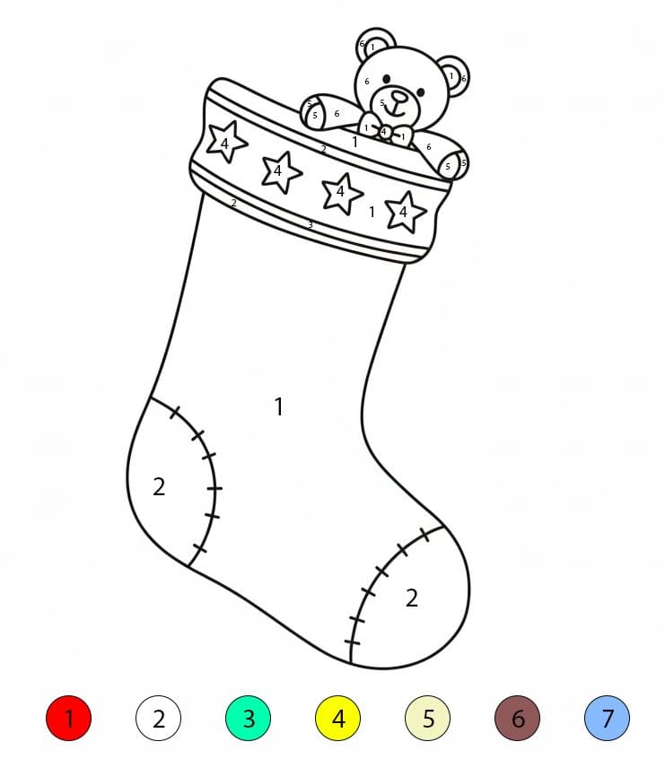 Christmas Stocking And Bear Color By Number