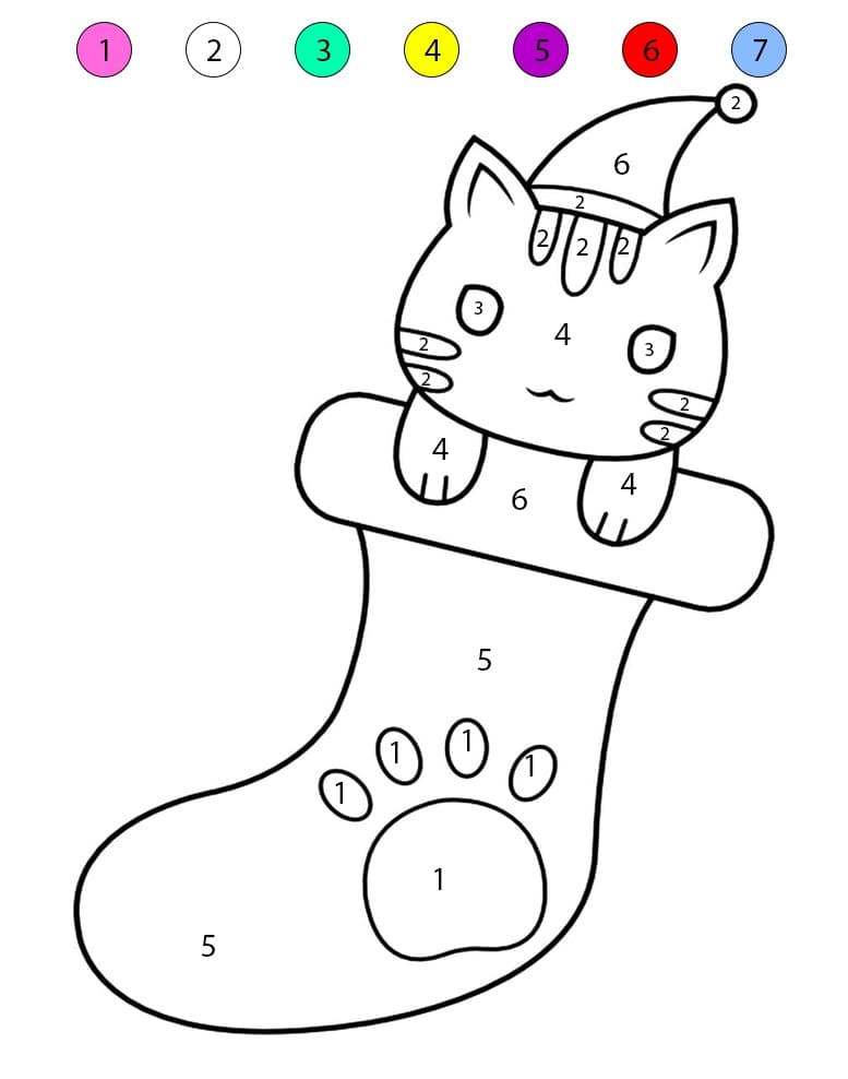 Christmas Stocking And Cat Color By Number