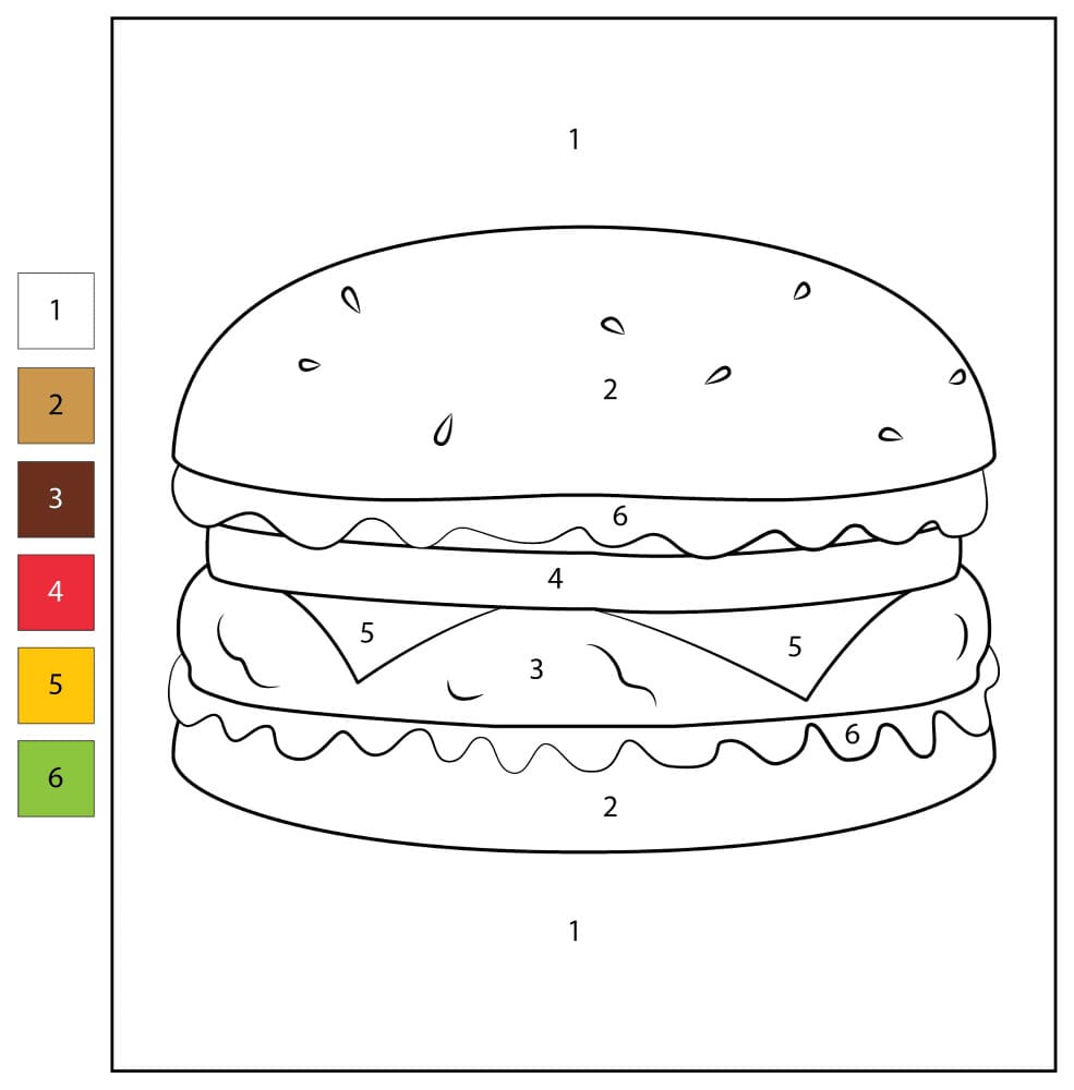 Drawing of Hamburger Color By Number