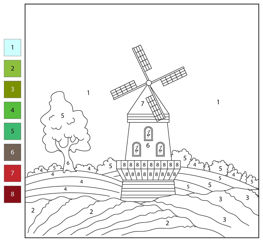 Windmill Free For Kids Color By Number